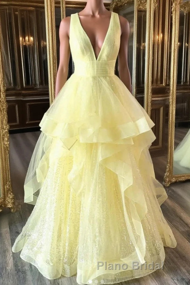 Yellow Formal Prom Dress A Line Deep V Neck Light Long Party Evening Dress with Ruffles