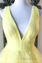 Yellow Formal Prom Dress A Line Deep V Neck Light Long Party Evening Dress with Ruffles