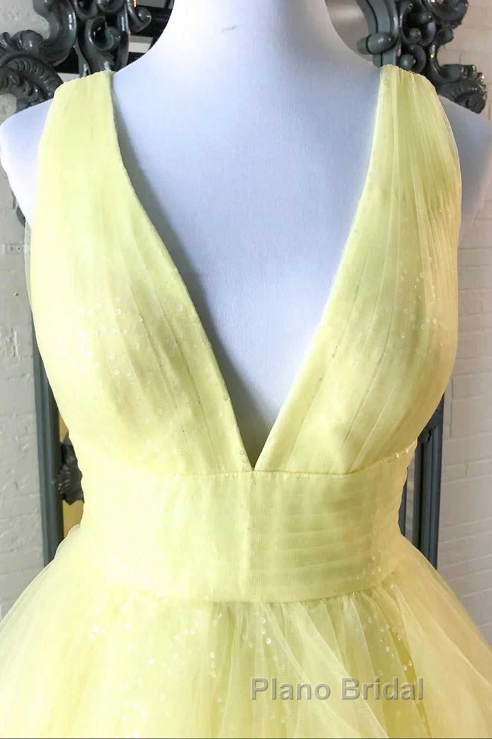 Yellow Formal Prom Dress A Line Deep V Neck Light Long Party Evening Dress with Ruffles