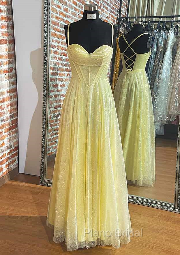 Yellow Formal Prom Dresses, A-line Sweetheart Spaghetti Straps Long/Floor-Length Tulle Formal Prom Dresses With Pleated Glitter Secondary image