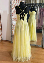Yellow Formal Prom Dresses, A-line Sweetheart Spaghetti Straps Long/Floor-Length Tulle Formal Prom Dresses With Pleated Glitter