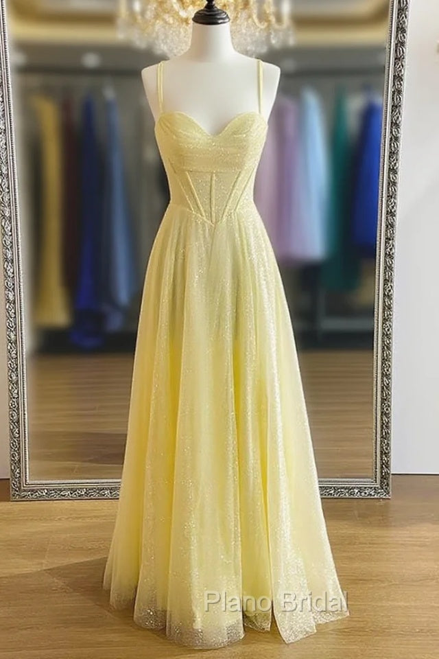 Yellow Formal Prom Dresses, A-line Sweetheart Spaghetti Straps Long/Floor-Length Tulle Formal Prom Dresses With Pleated Glitter