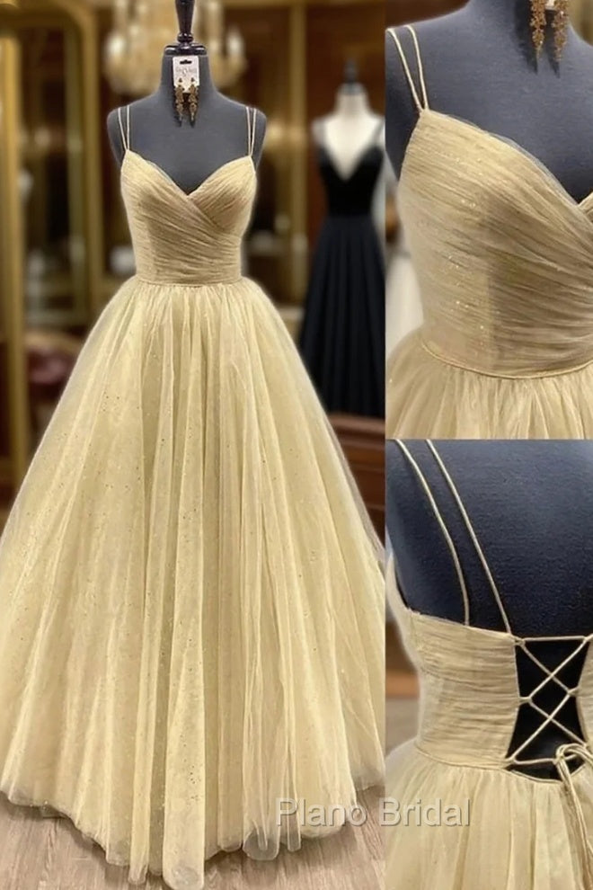 Yellow Formal Prom Dresses, V Neck Sleeveless Long/Floor-Length Tulle Ball Gown With Pleated Sequins Main image
