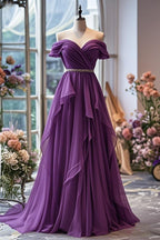 Yellow/Purple A-Line Off-Shoulder Chiffon Long Formal Prom Dresses Formal Evening Gown