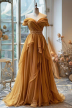 Yellow/Purple A-Line Off-Shoulder Chiffon Long Formal Prom Dresses Formal Evening Gown