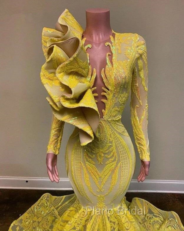 Yellow Robe De Soiree Mermaid Long Sleeves Appliques Sequins Long Formal Prom Dresses Formal Prom Gown Evening Dresses