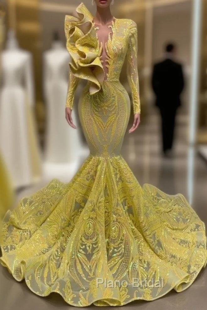 Yellow Robe De Soiree Mermaid Long Sleeves Appliques Sequins Long Formal Prom Dresses Formal Prom Gown Evening Dresses Main image