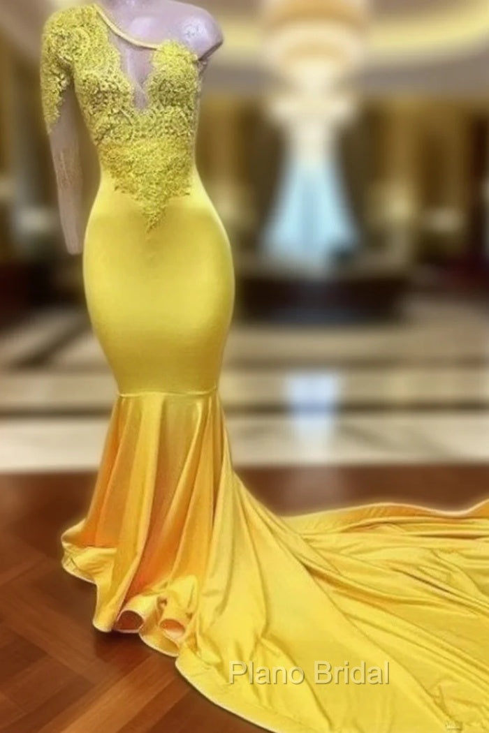 Yellow Robe De Soiree Mermaid One-Shoulder Long Sleeves Lace Beaded Sexy Long Formal Prom Dresses Formal Prom Gown Evening Dresses Main image