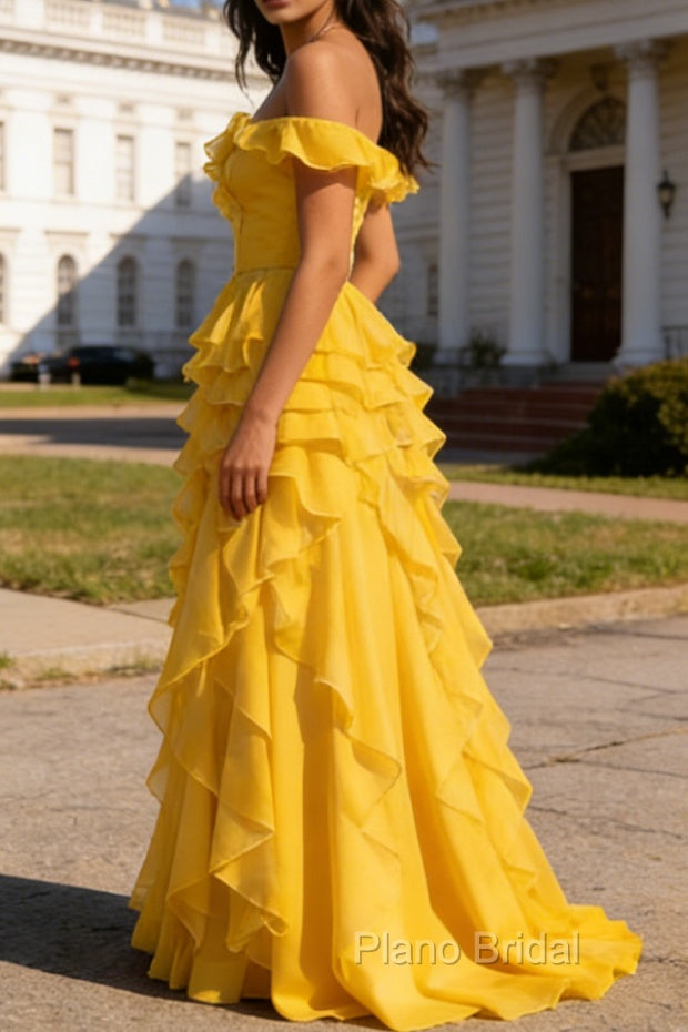 Yellow Ruffled A-Line Square Neck Long Prom Dress Secondary image