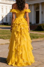 Yellow Ruffled A-Line Square Neck Long Prom Dress