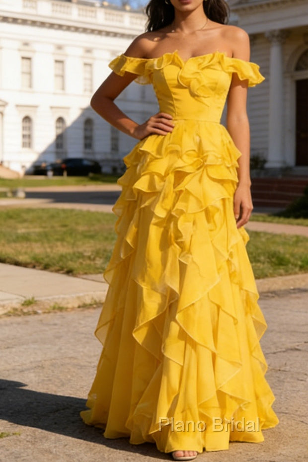 Yellow Ruffled A-Line Square Neck Long Prom Dress Main image