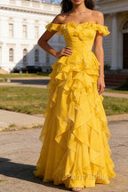Yellow Ruffled A-Line Square Neck Long Prom Dress