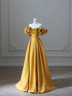 Yellow Saitn Long Formal Prom Dresses, Off Shoulder Evening Party Dresses