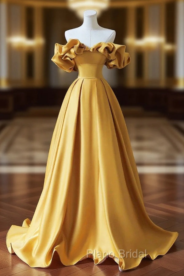 Yellow Saitn Long Formal Prom Dresses, Off Shoulder Evening Party Dresses