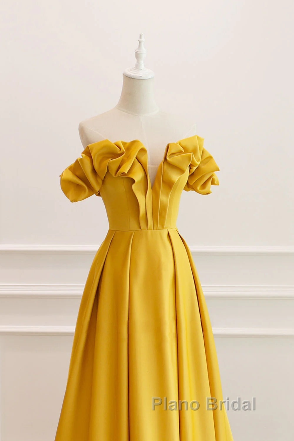 Yellow Satin A-Line Sweetheart Off Shoulder Party Dresses, Yellow Long Formal Prom Dresses