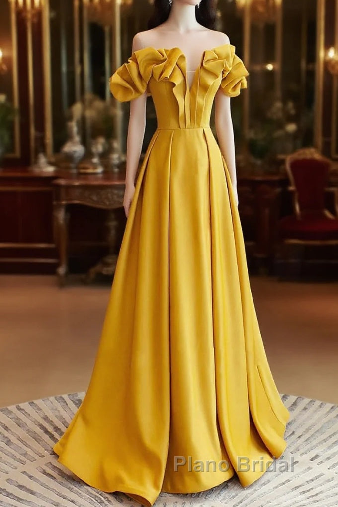 Yellow Satin A-Line Sweetheart Off Shoulder Party Dresses, Yellow Long Formal Prom Dresses Main image