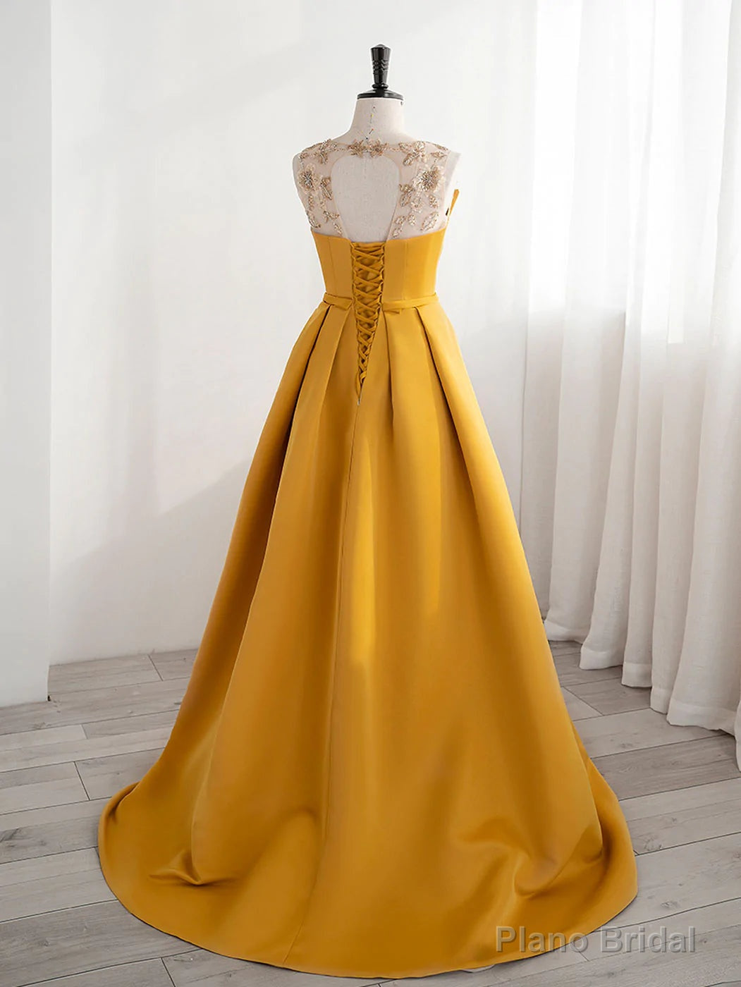 Yellow Satin Beaded Long Prom Dress with Leg Slit, Yellow A-line Party Dress Secondary image