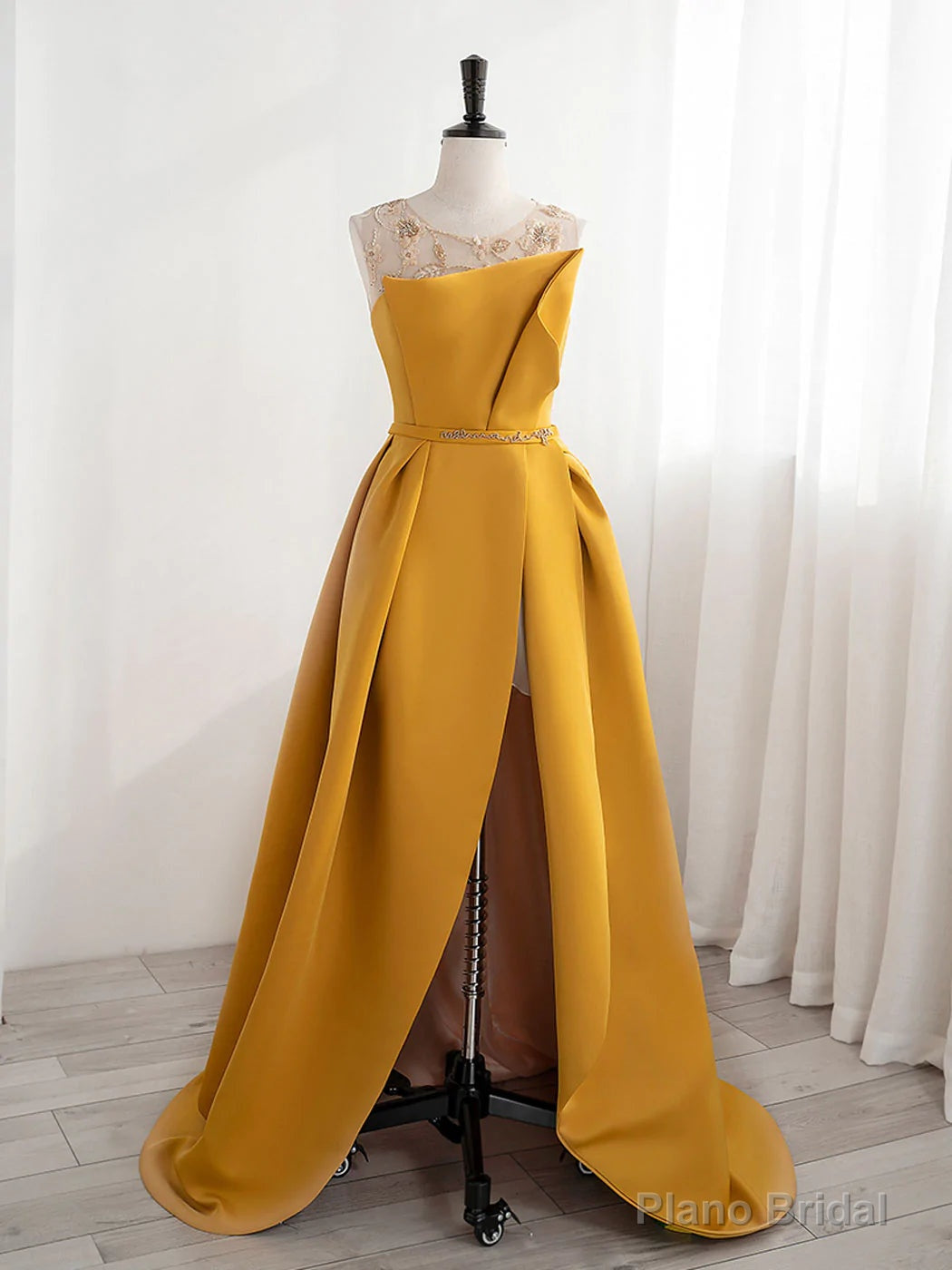Yellow Satin Beaded Long Prom Dress with Leg Slit, Yellow A-line Party Dress Main image
