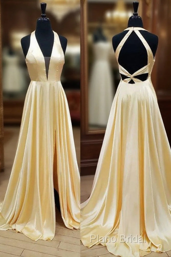 Yellow Satin Halter Backless A Line Formal Prom Dresses With Slit Main image