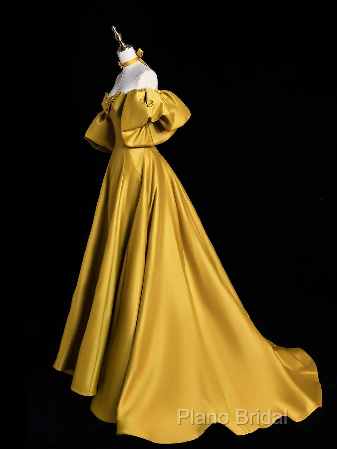 Yellow Satin Long Formal Prom Dresses, Off The Shoulder A-Line Formal Party Dresses