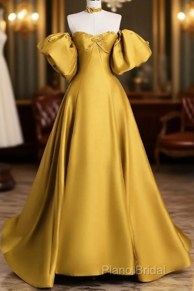 Yellow Satin Long Formal Prom Dresses, Off The Shoulder A-Line Formal Party Dresses Main image