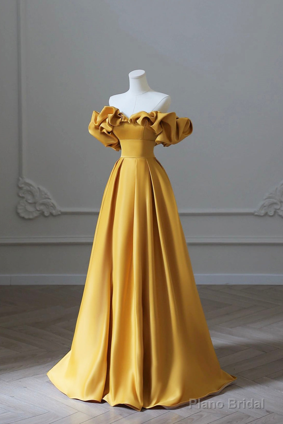 Yellow Satin Long Prom Dress, Simple Off Shoulder Evening Party Dress Main image