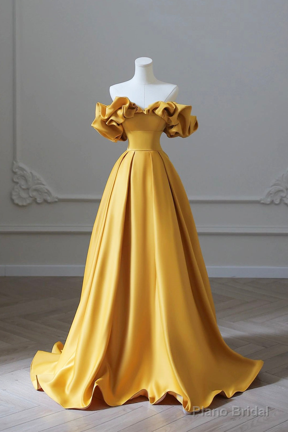 Yellow Satin Long Prom Dress, Simple Off Shoulder Evening Party Dress Secondary image