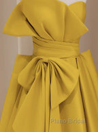 Yellow Satin Long Formal Prom Dresses, Yellow Evening Dresses