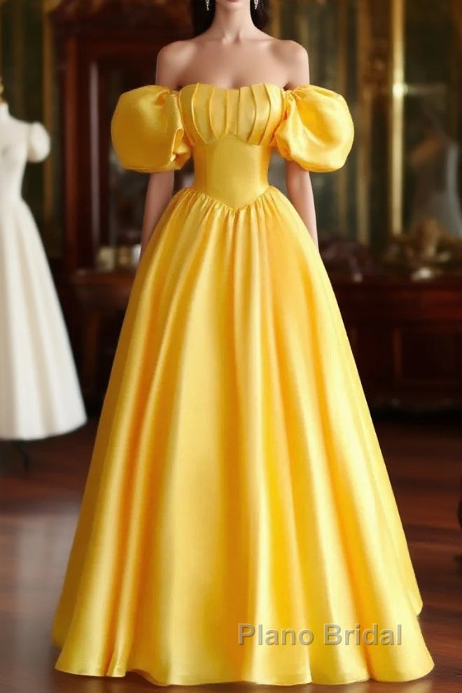 Yellow Satin Short Sleeves Party Dresses, Yellow Satin Formal Prom Dresses Formal Dresses Main image