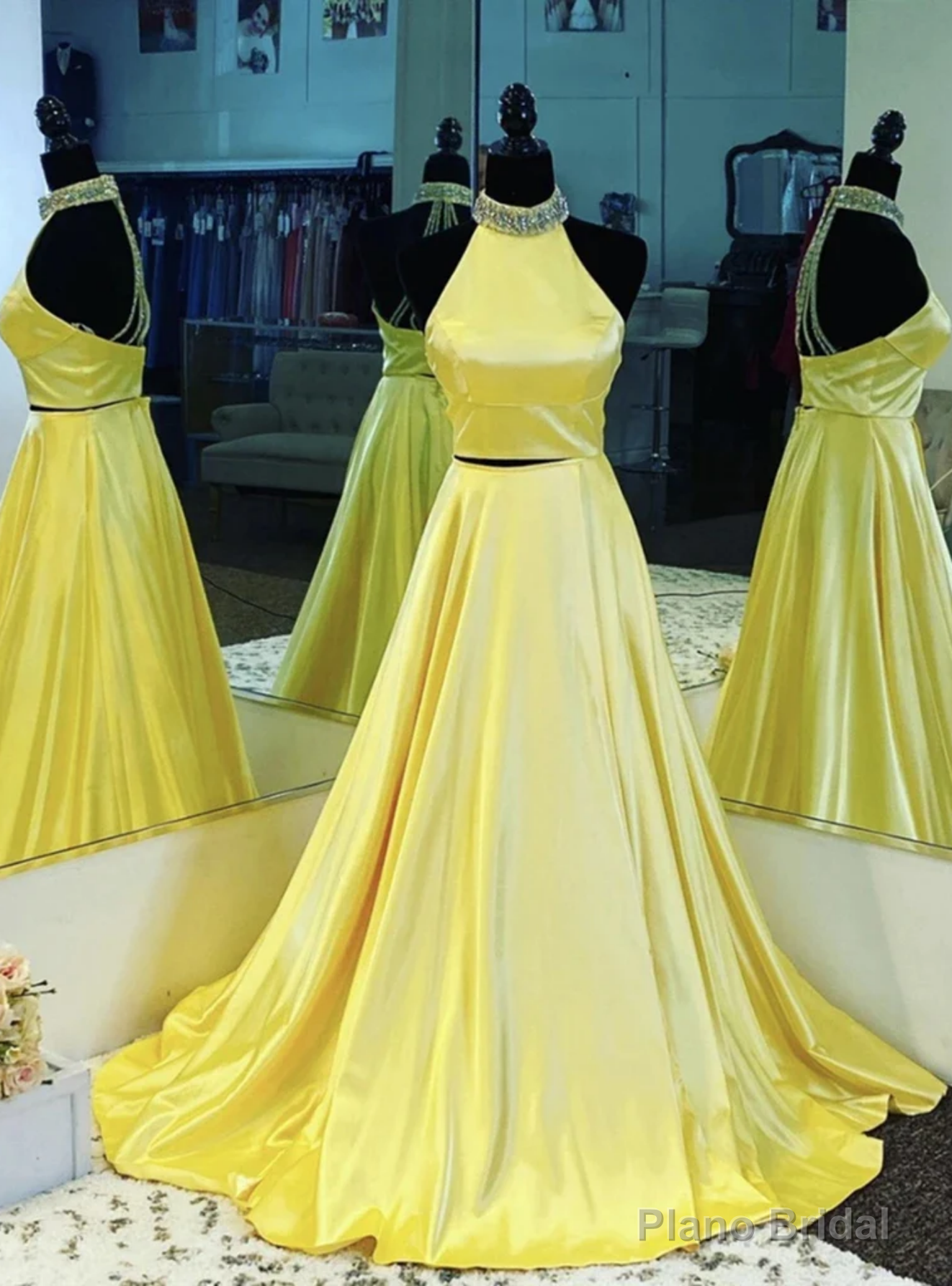 Yellow Satin Two Piece Halter Beading Prom Dress Main image