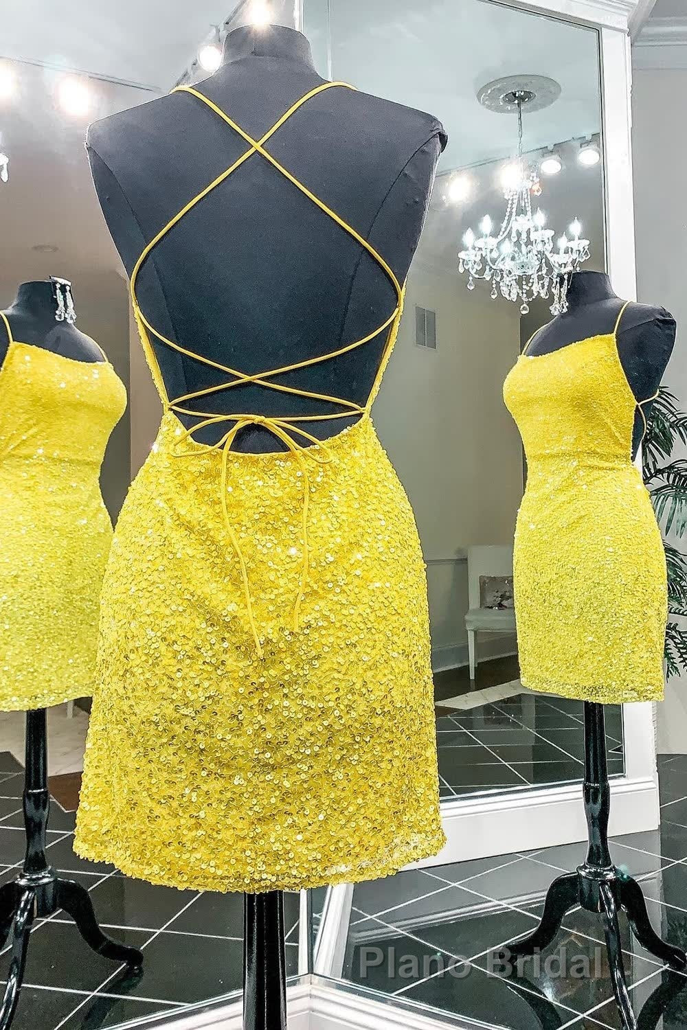 Yellow Sequins Backless Short Homecoming Dresses Secondary image