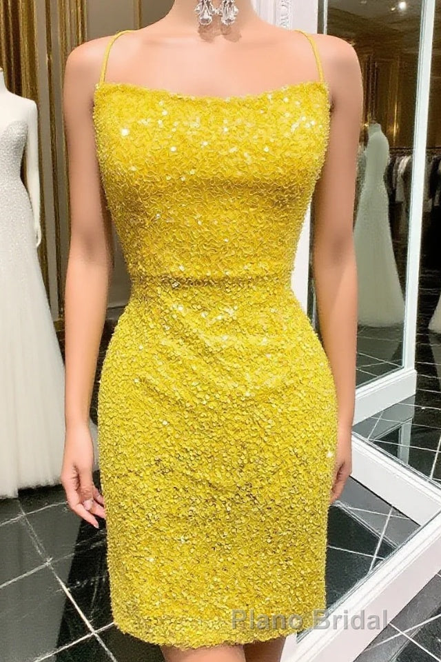 Yellow Sequins Backless Short Homecoming Dresses Main image