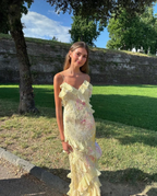 Yellow Spaghetti Straps Ruffle Long Formal Prom Dresses With Ruffles