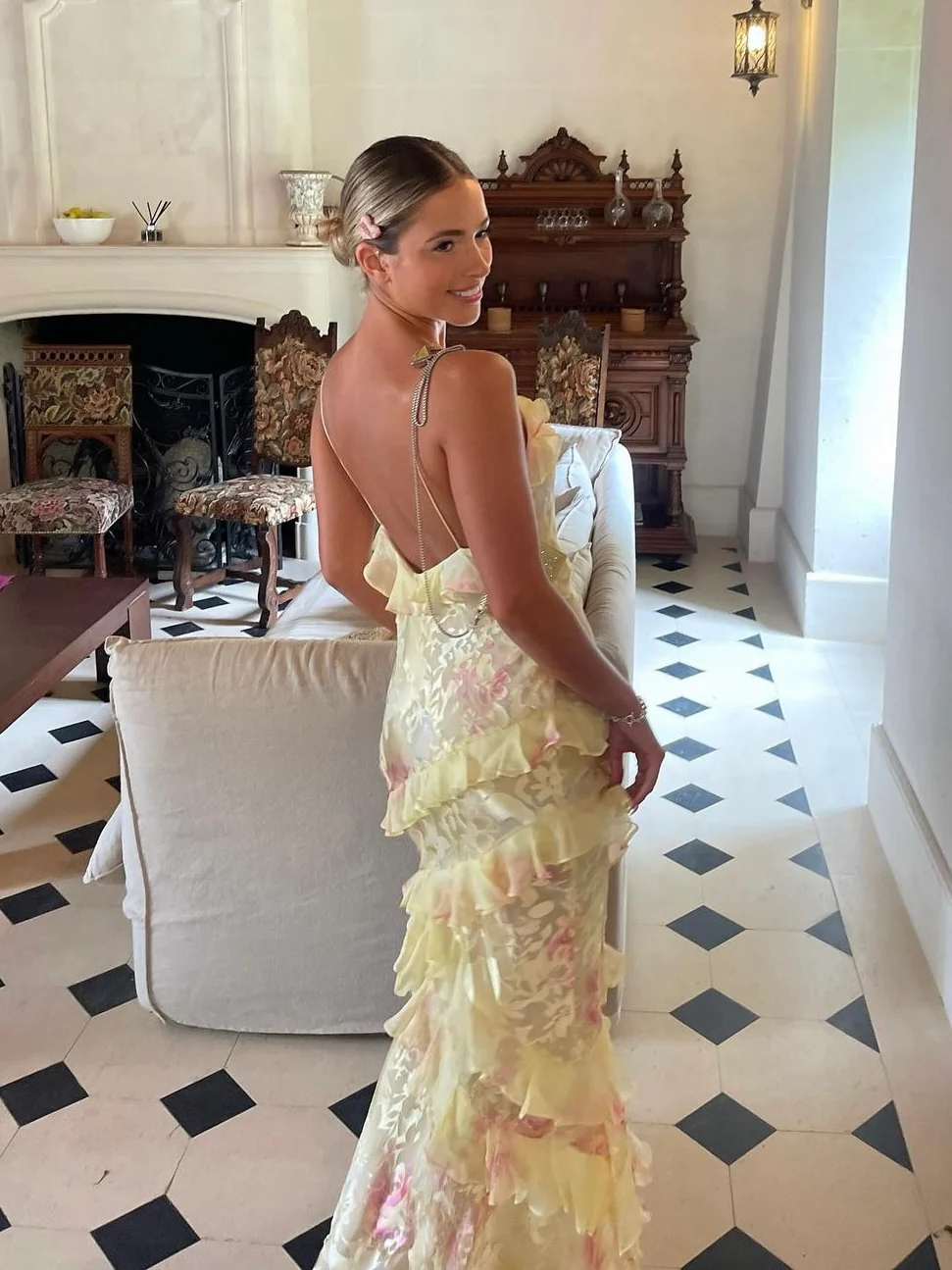 Yellow Spaghetti Straps Ruffle Long Formal Prom Dresses With Ruffles Secondary image