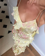 Yellow Spaghetti Straps Ruffle Long Formal Prom Dresses With Ruffles