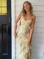Yellow Spaghetti Straps Ruffle Long Formal Prom Dresses With Ruffles
