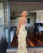 Yellow Spaghetti Straps Ruffle Long Formal Prom Dresses With Ruffles
