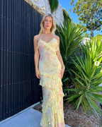 Yellow Spaghetti Straps Ruffle Long Formal Prom Dresses With Ruffles
