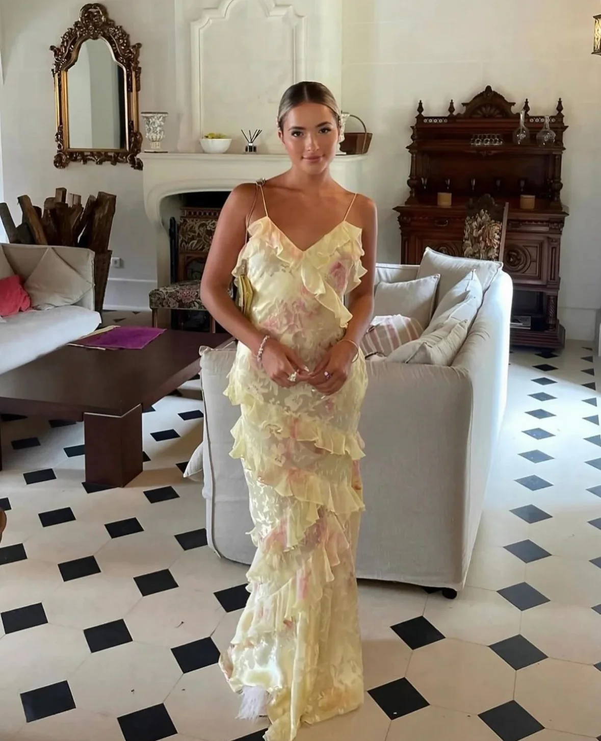 Yellow Spaghetti Straps Ruffle Long Formal Prom Dresses With Ruffles