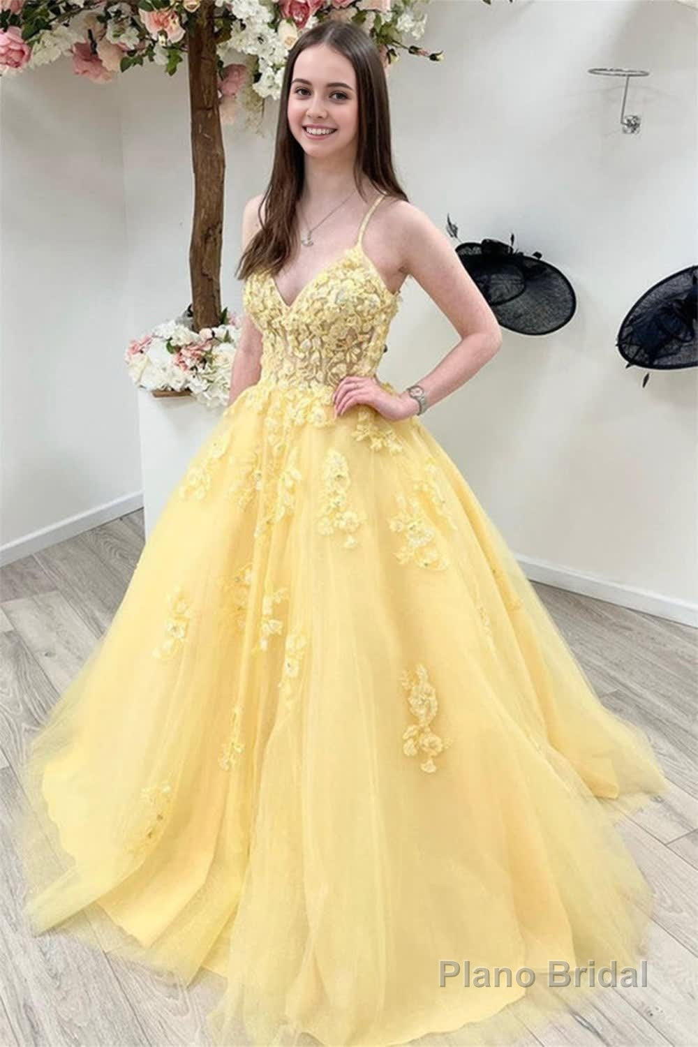 Yellow Spaghetti Straps Prom Gown Main image