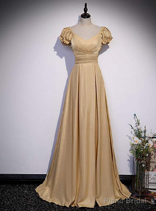 Yellow Square Short Sleeve Pleats Prom Dress Main image