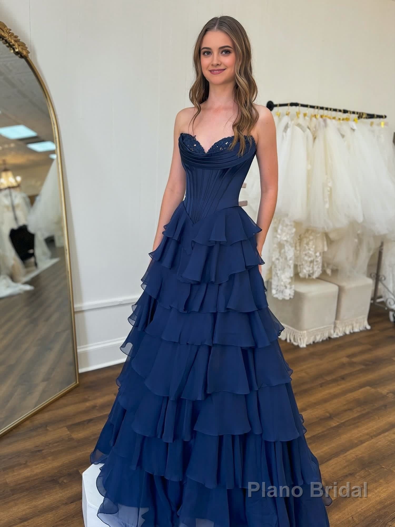 Yellow Strapless A-Line Ruffle Long Prom Dress With Split