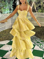 Yellow Sweetheart Sleeveless Ruffle Floor Length Formal Prom Dresses Birthday Outfits