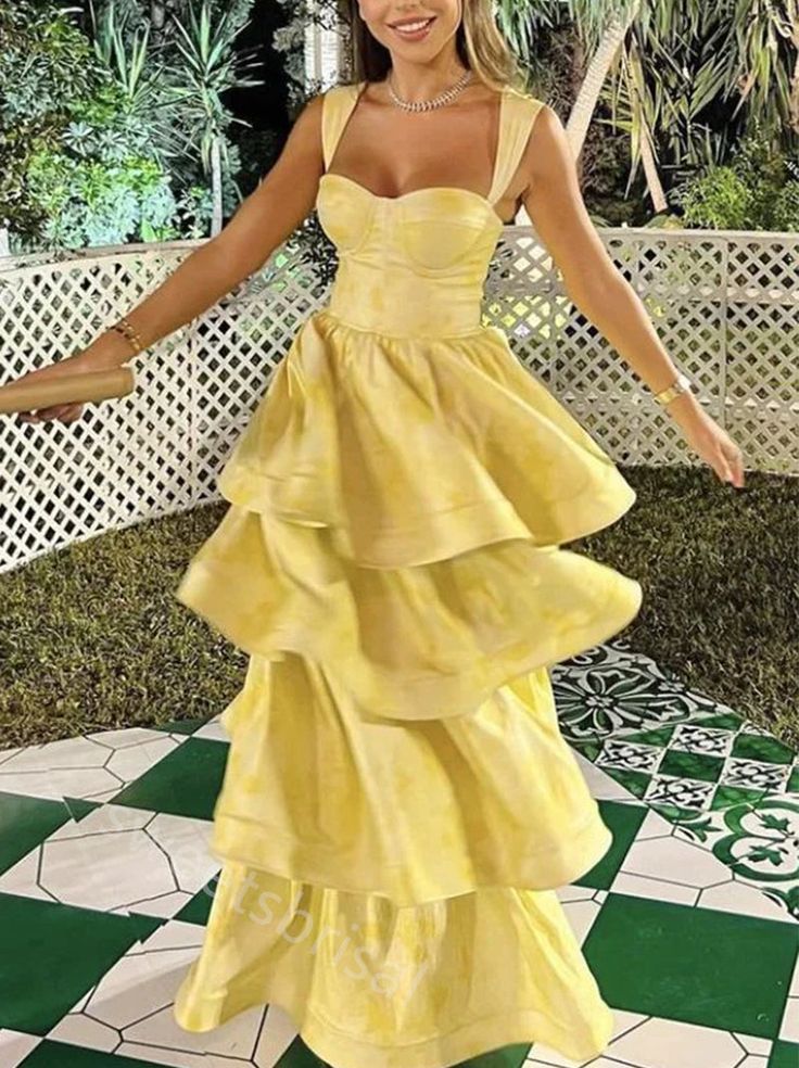 Yellow Sweetheart Sleeveless Ruffle Floor Length Formal Prom Dresses Birthday Outfits