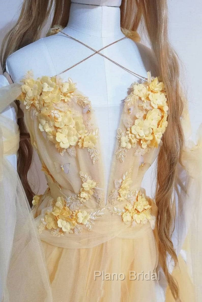 Yellow Sweetheart Tulle Lace Long Formal Prom Dresses Yellow Formal Dresses