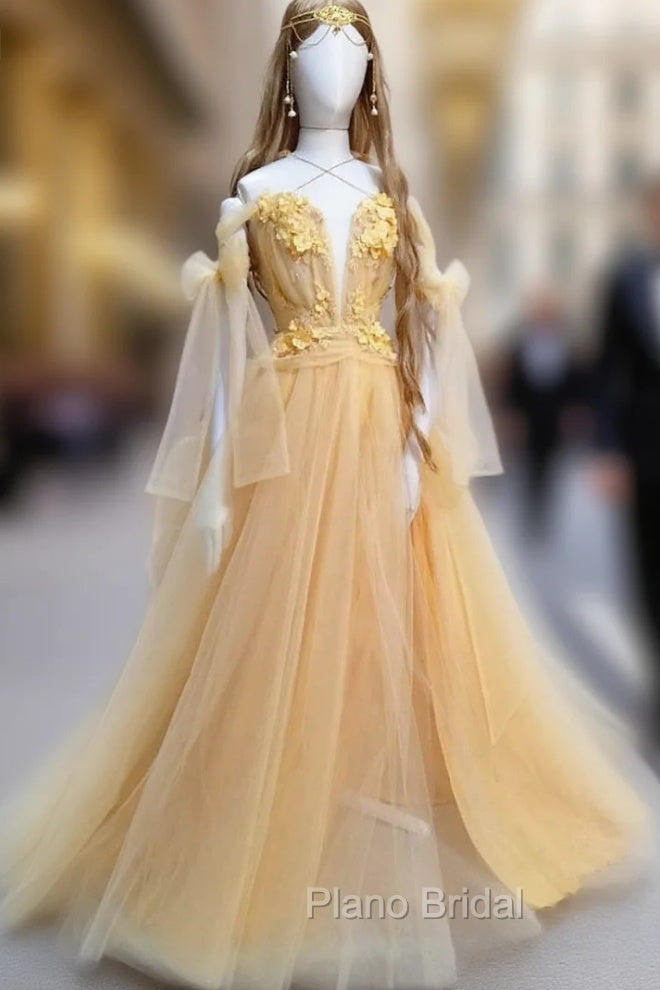 Yellow Sweetheart Tulle Lace Long Formal Prom Dresses Yellow Formal Dresses Main image
