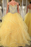 Yellow sweetheart tulle sequin long Formal Prom dress, yellow evening dress