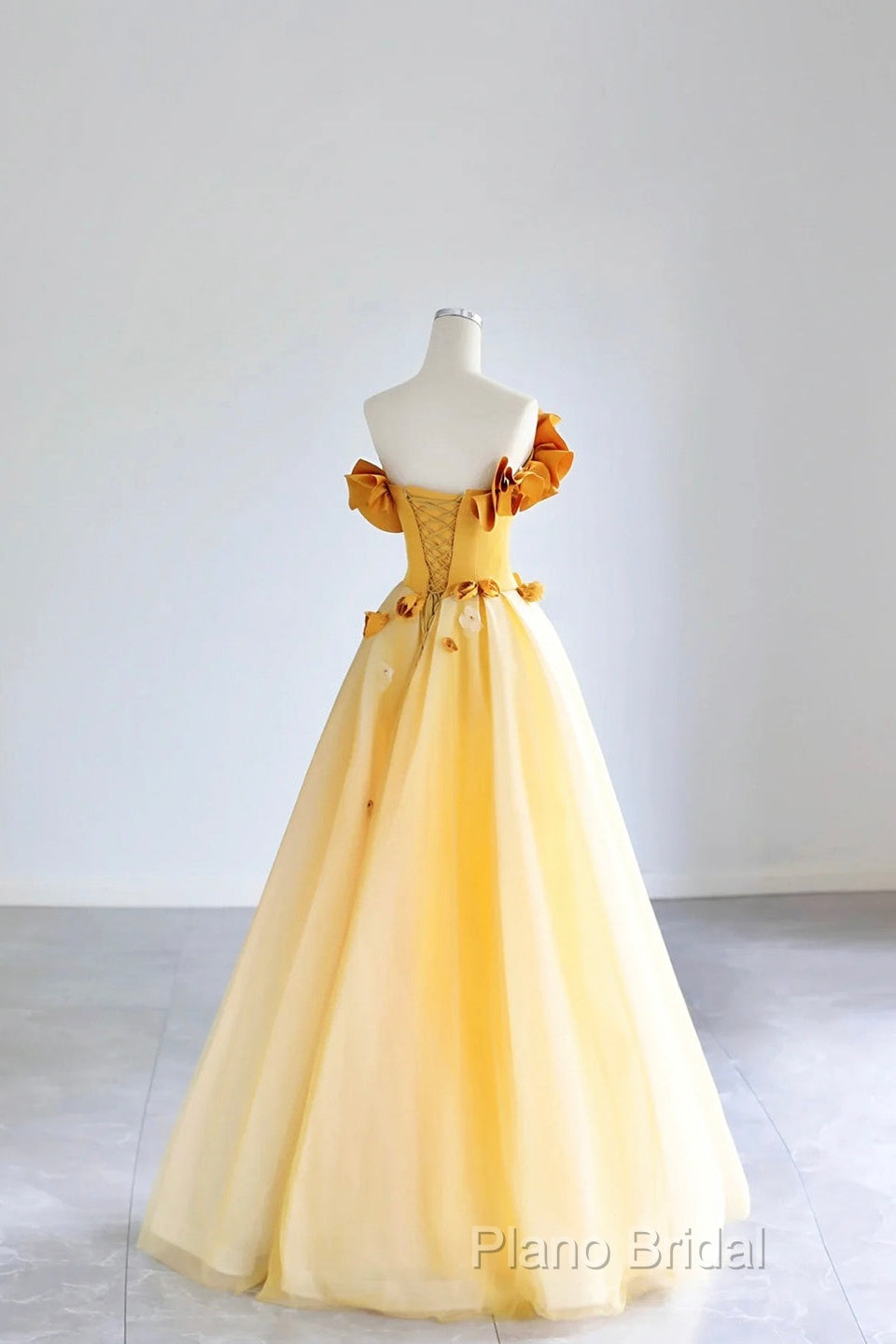 Yellow Tulle Applique Long Formal Prom Dresses, Off The Shoulder Sleeveless Backless Long Formal Dresses Secondary image