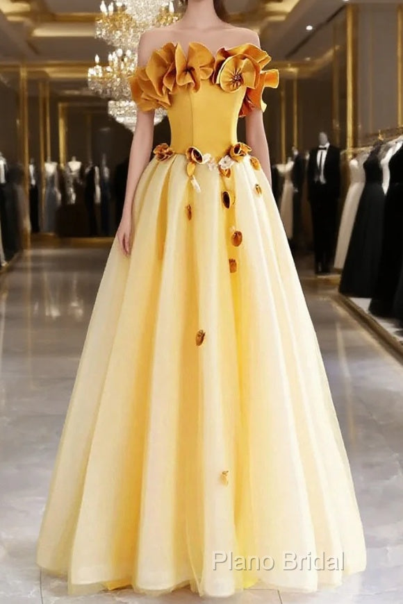 Yellow Tulle Applique Long Formal Prom Dresses, Off The Shoulder Sleeveless Backless Long Formal Dresses