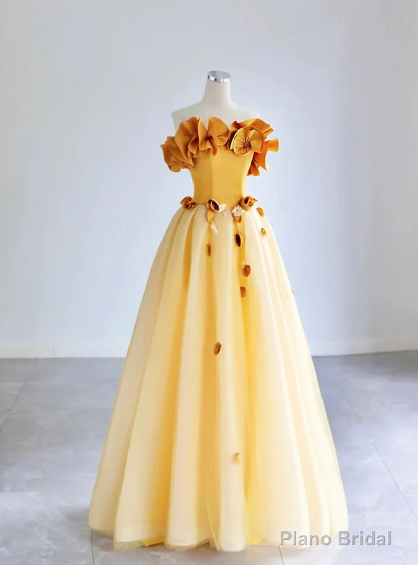 Yellow Tulle Applique Off the Shoulder Prom Dress Main image